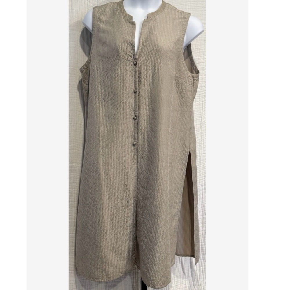 Eileen Fisher Sleeveless Tunic Tank Top Silk Blend Frog Button Slit Beige